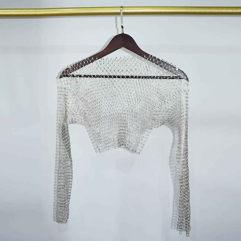 BLING LONG SLEEVE NET CROP TOP