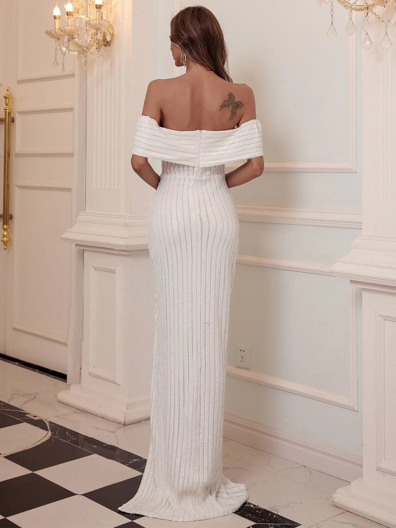 Off Shoulder Split Sequin Prom Dress