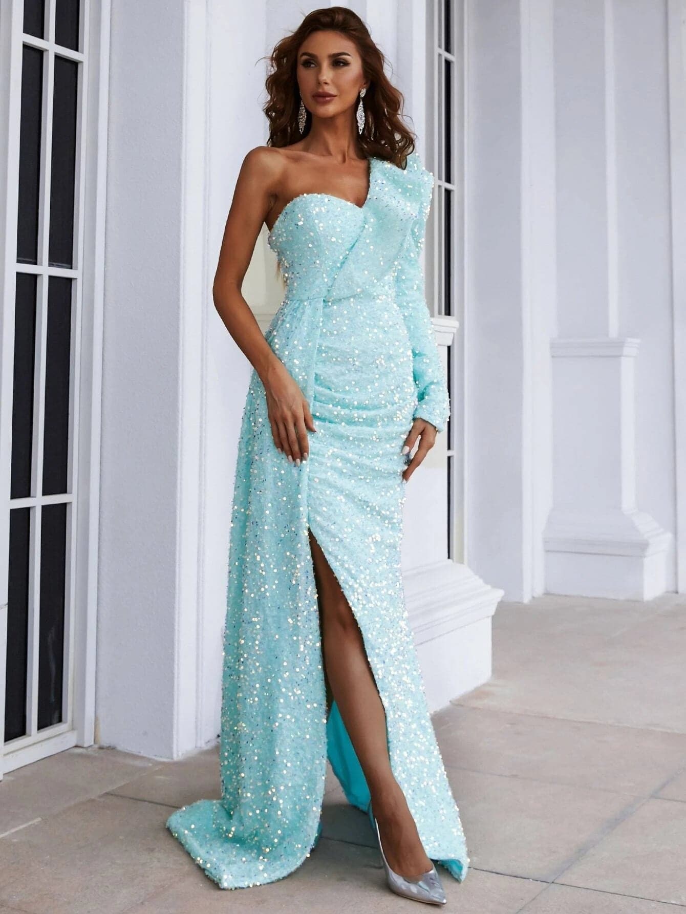 One Shoulder Split Sequin Maxi Prom Dress