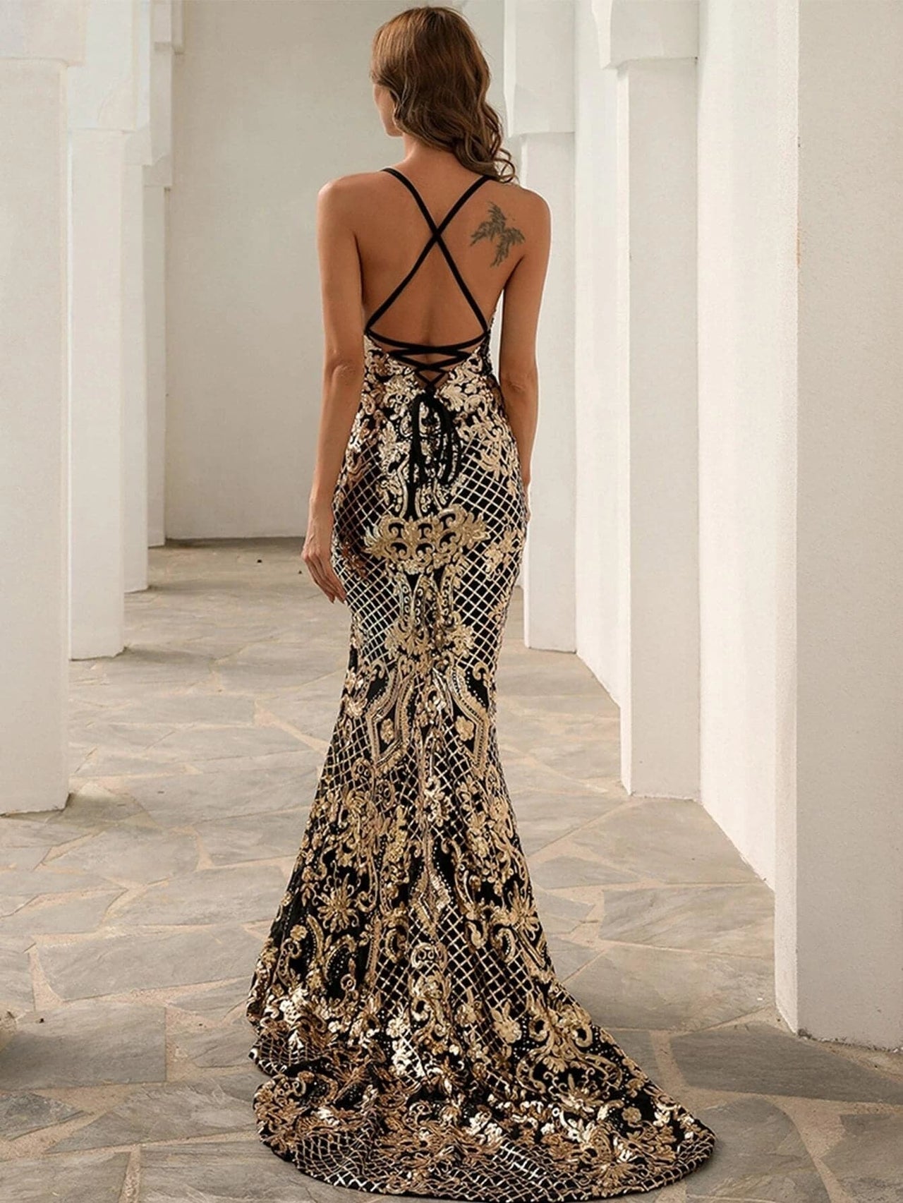 Baroque Lace Up Back Sequins Maxi Prom Dress