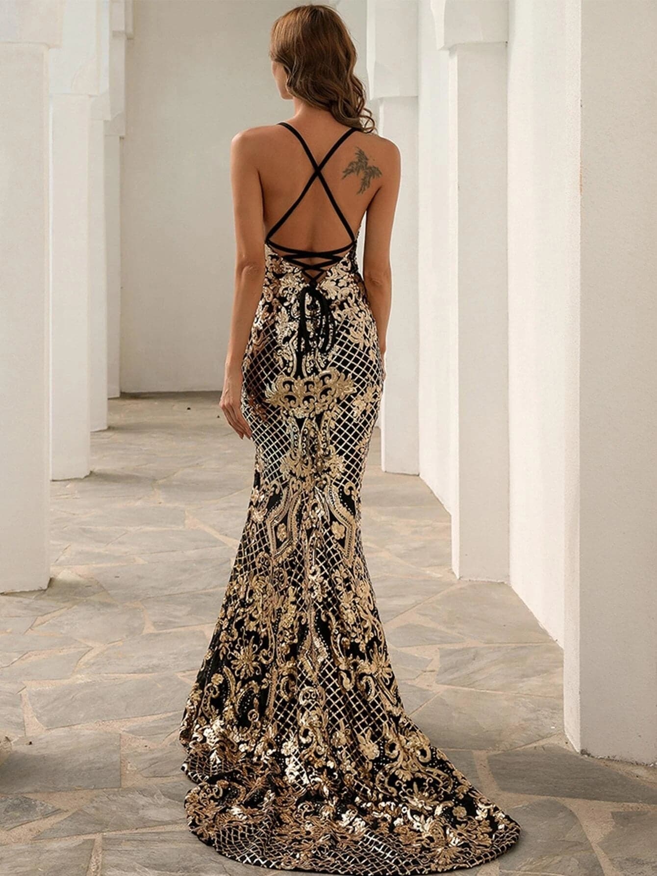 Baroque Lace Up Back Sequins Maxi Prom Dress
