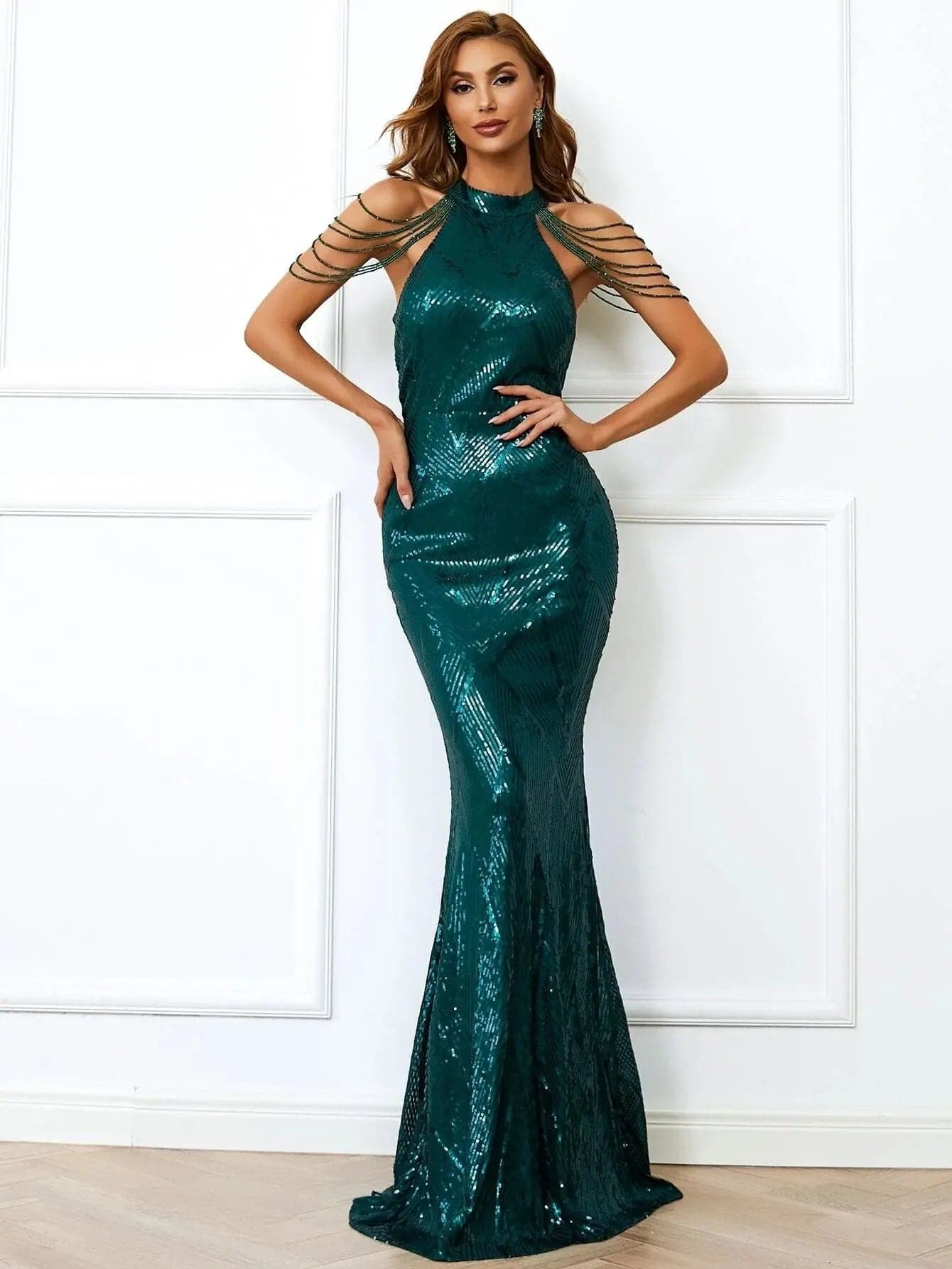 Cold Shoulder Beads Chain Cocktail Dress