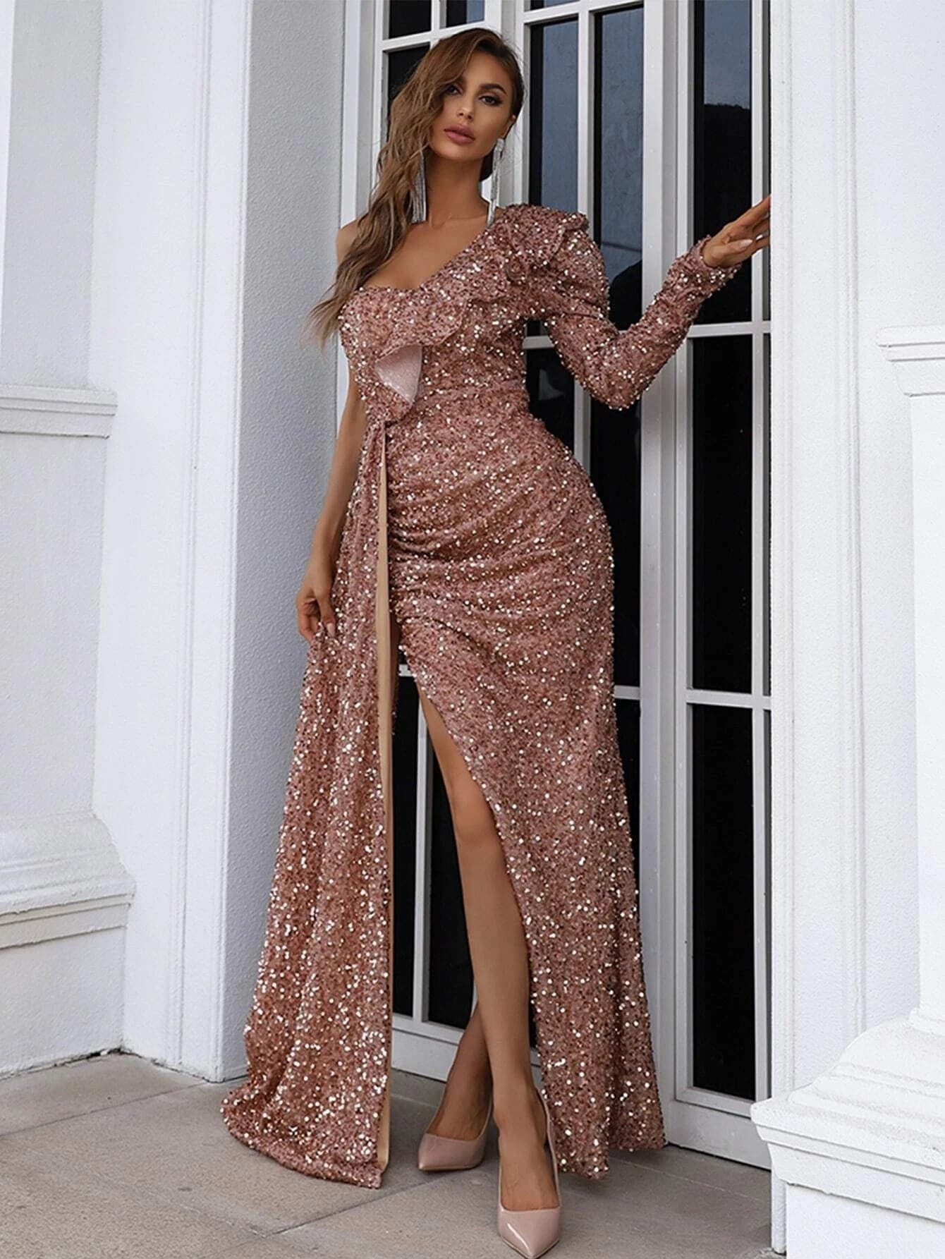 One Shoulder Split Sequin Maxi Prom Dress