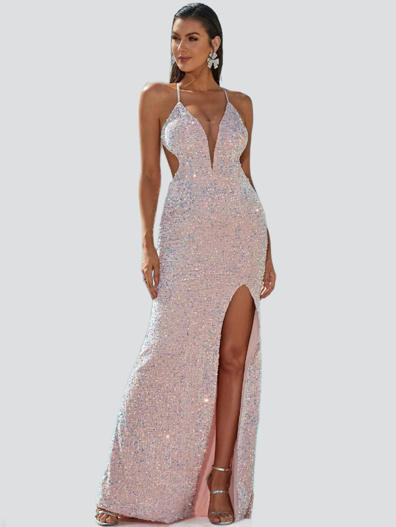 V Neck Open Back Sequin Maxi Formal Dress