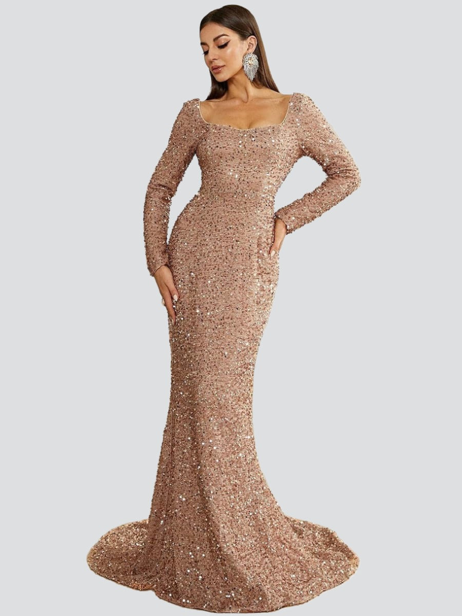 Square Neck Glitter Mermaid Evening Dress