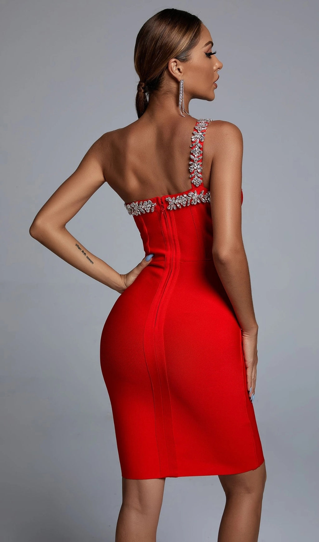 Embellished corset midi dress in red