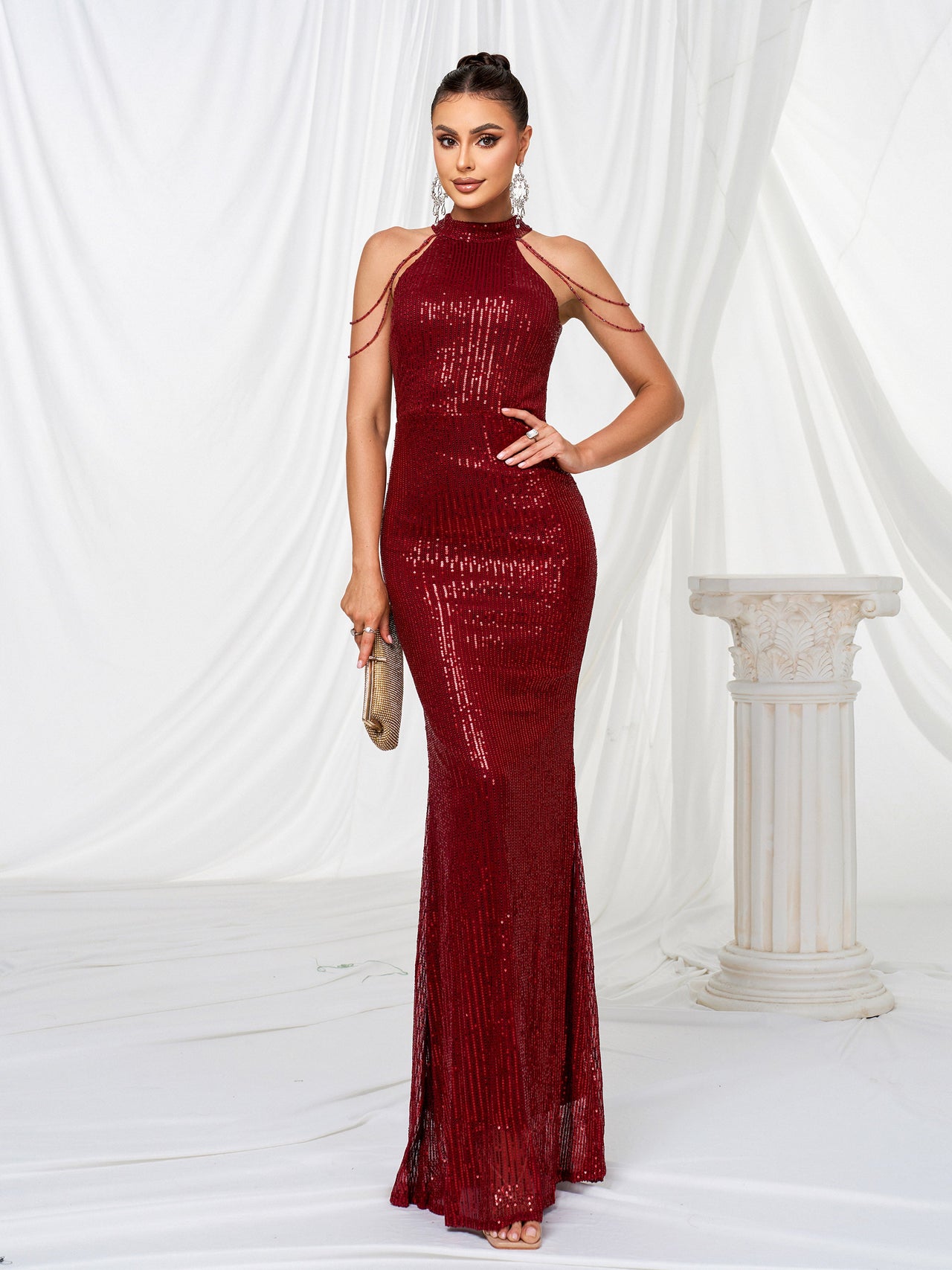 Formal Halter Neck Sequin Prom Dress