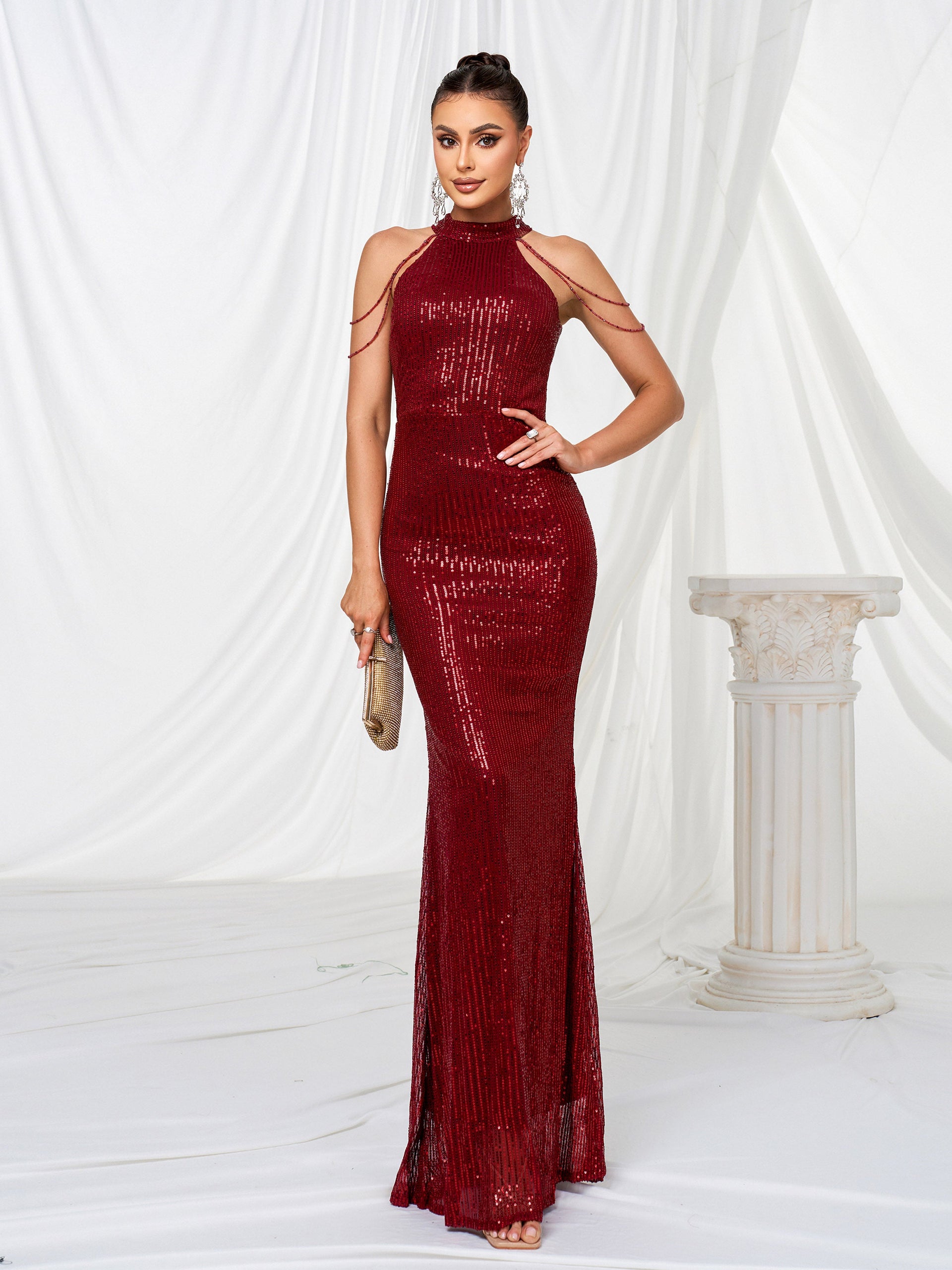 Formal Halter Neck Sequin Prom Dress