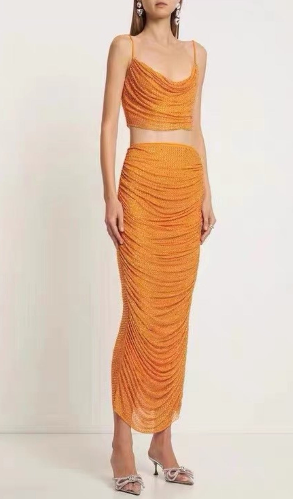 Orange embellished ruched set