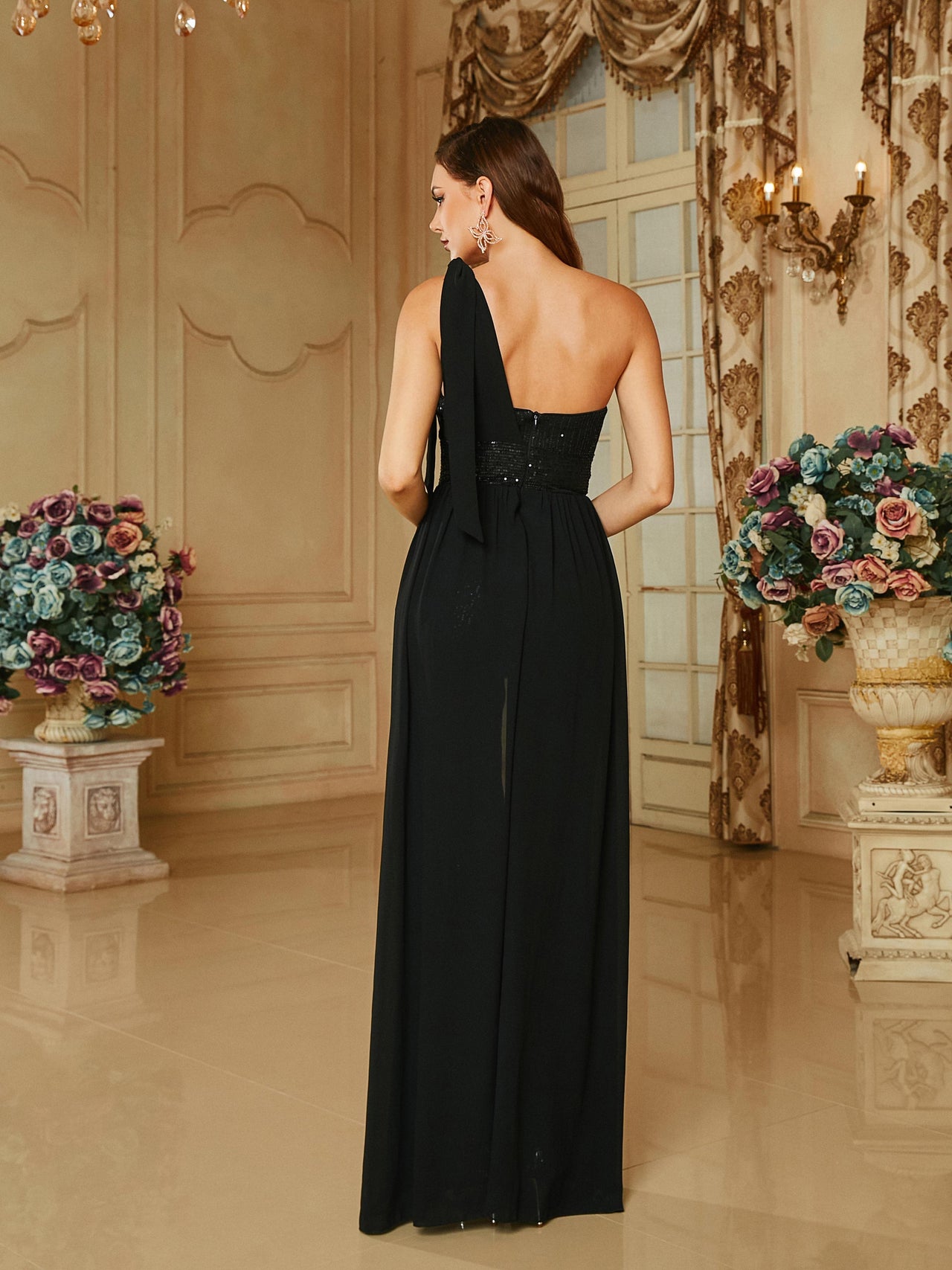 One Shoulder Sequin Ribbon Black Casual Jumpsuits