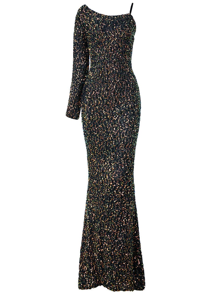 One Shoulder Black Mermaid Sequin Dress