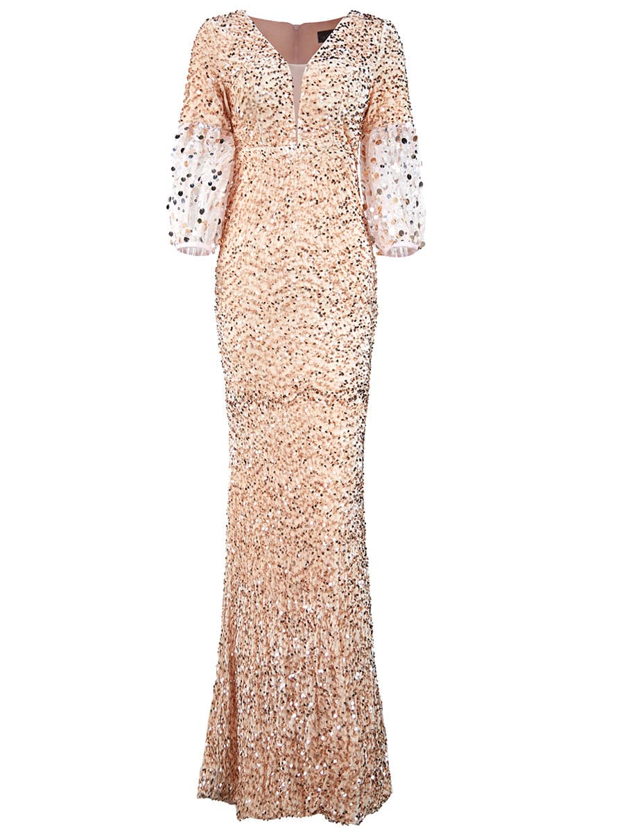 Lantern Sleeve Sequin Prom Dress