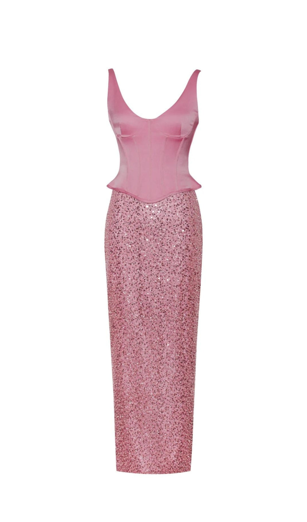 PINK SATIN CORSET SEQUIN MAXI DRESS