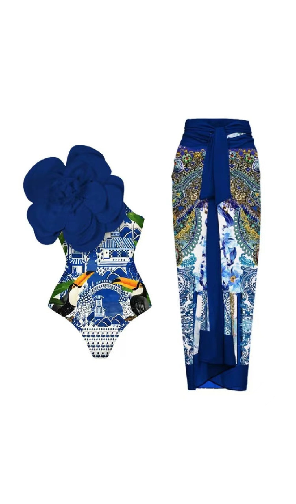 Flower Toucan Printed Swimwear Two Piece Set