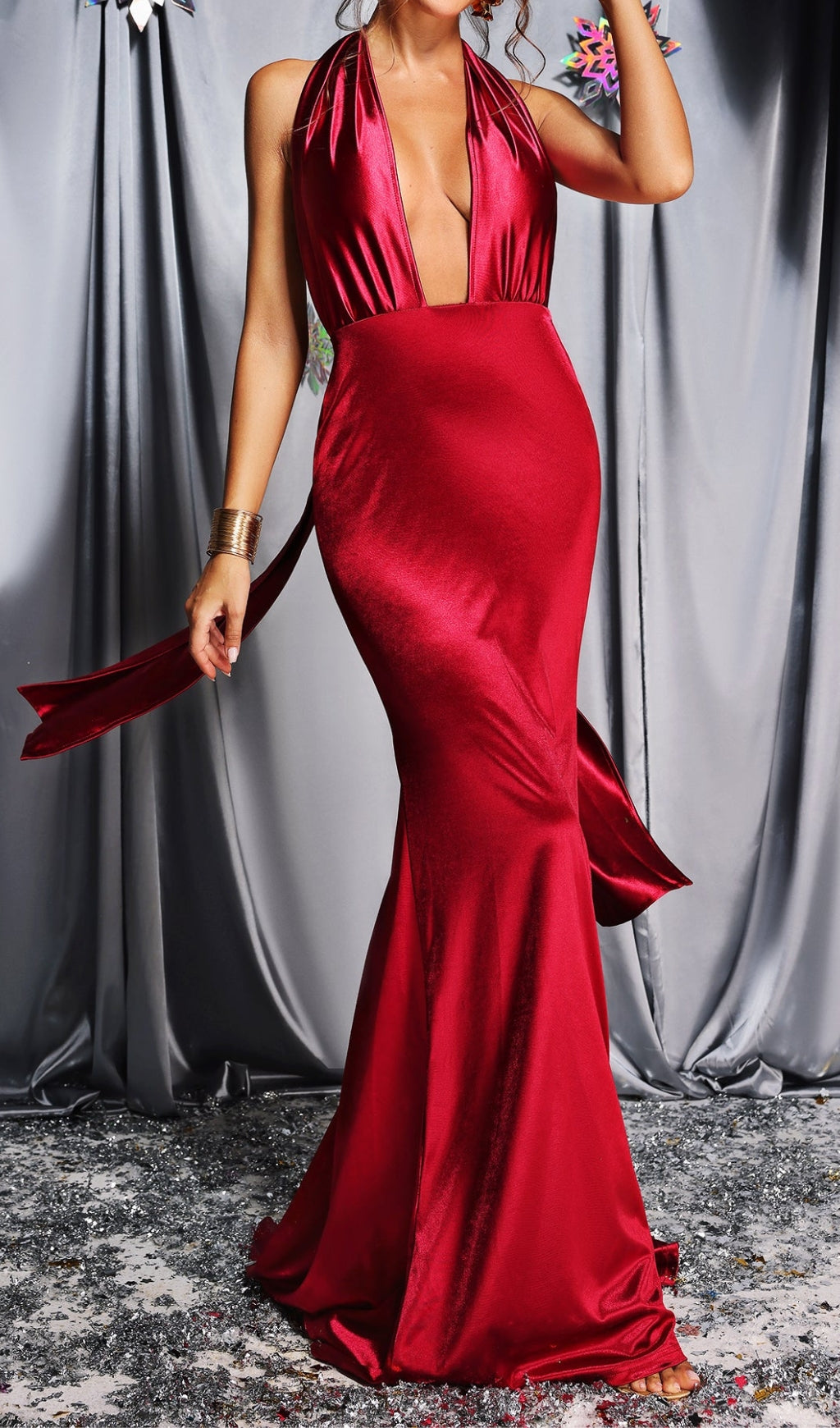 Halter Satin Maxi Dress In Red