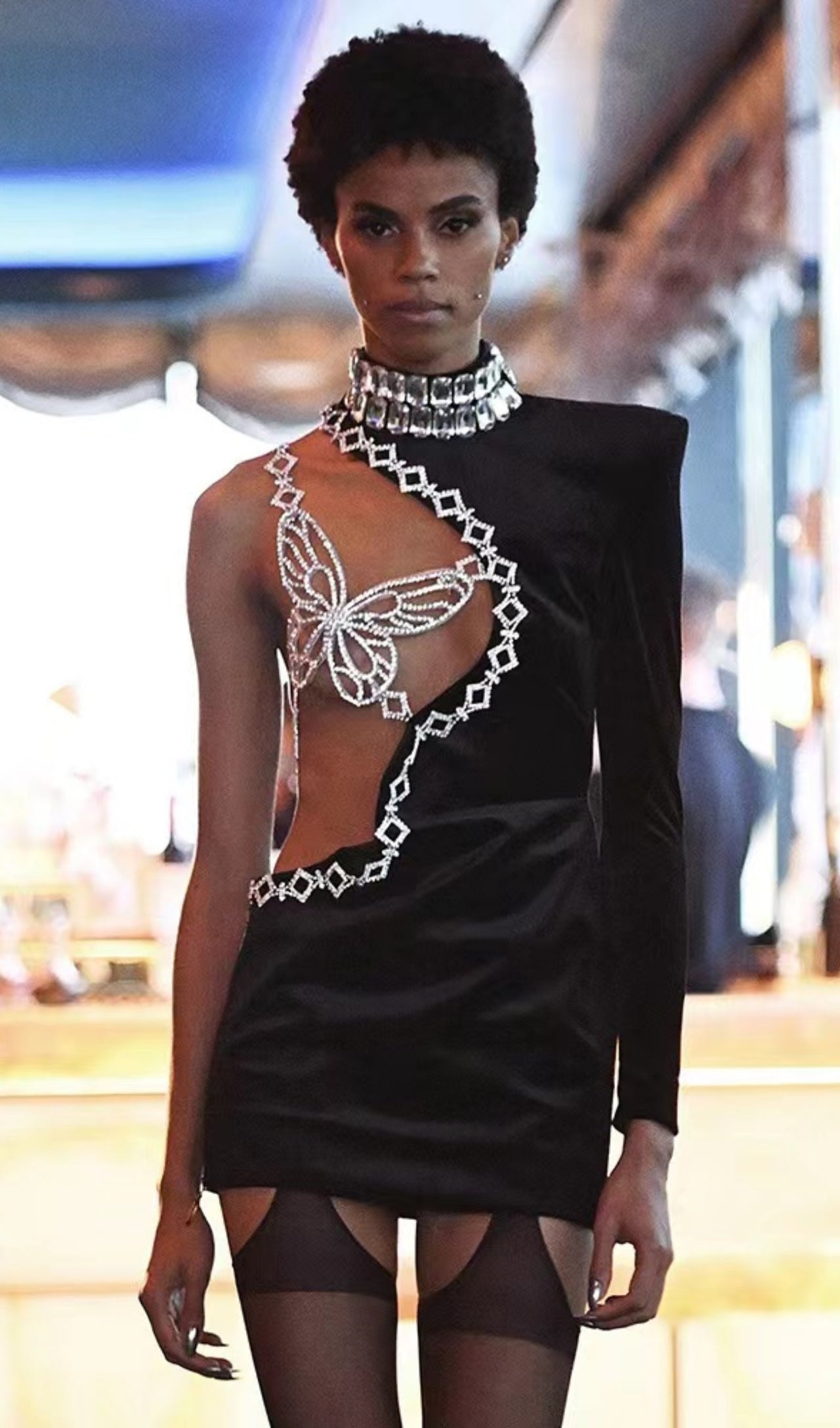 ONE SHOULDER BUTTERFLY CRYSTAL VELVET DRESS