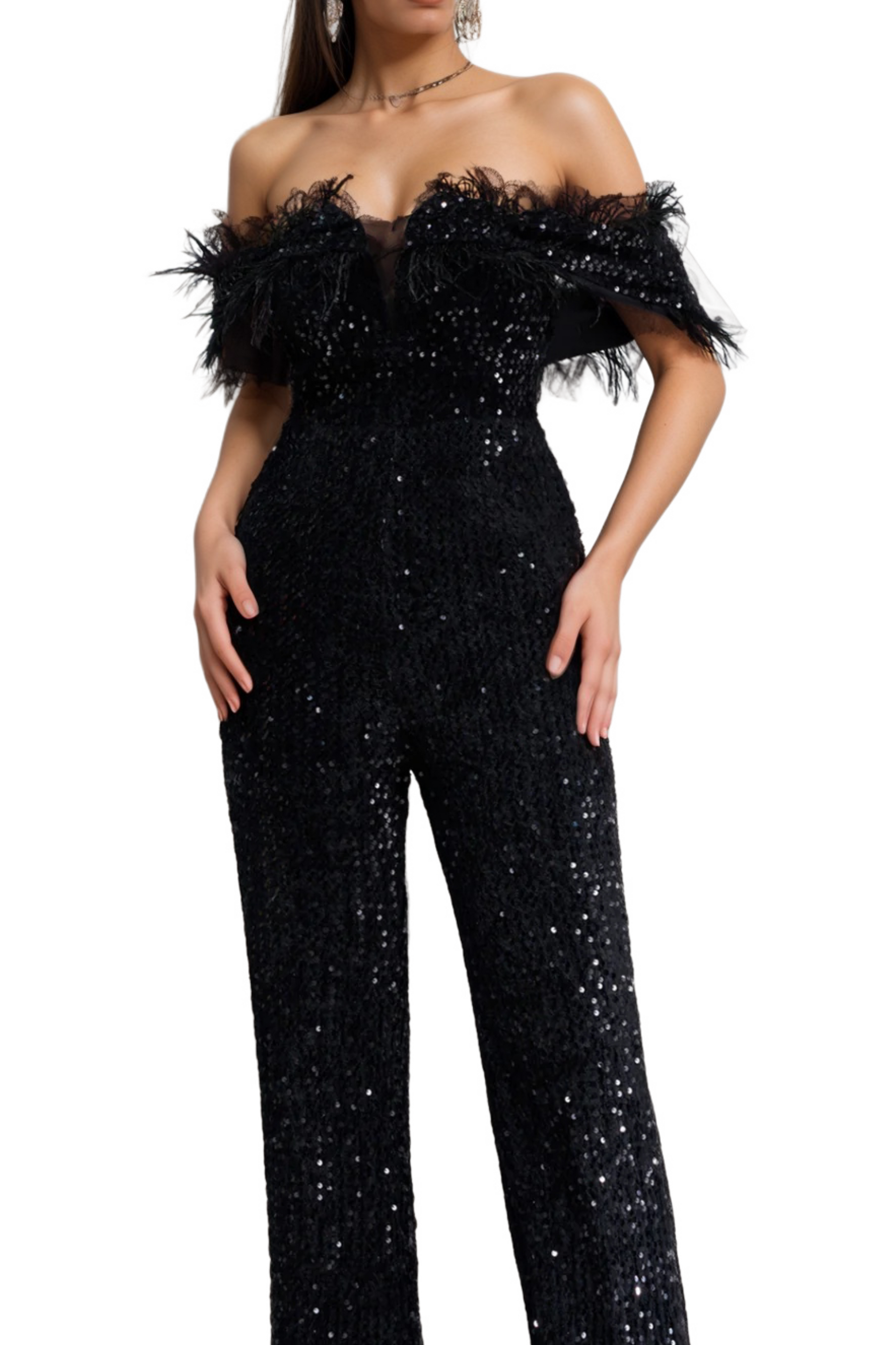 off-shoulder sequin jumpsuit in black