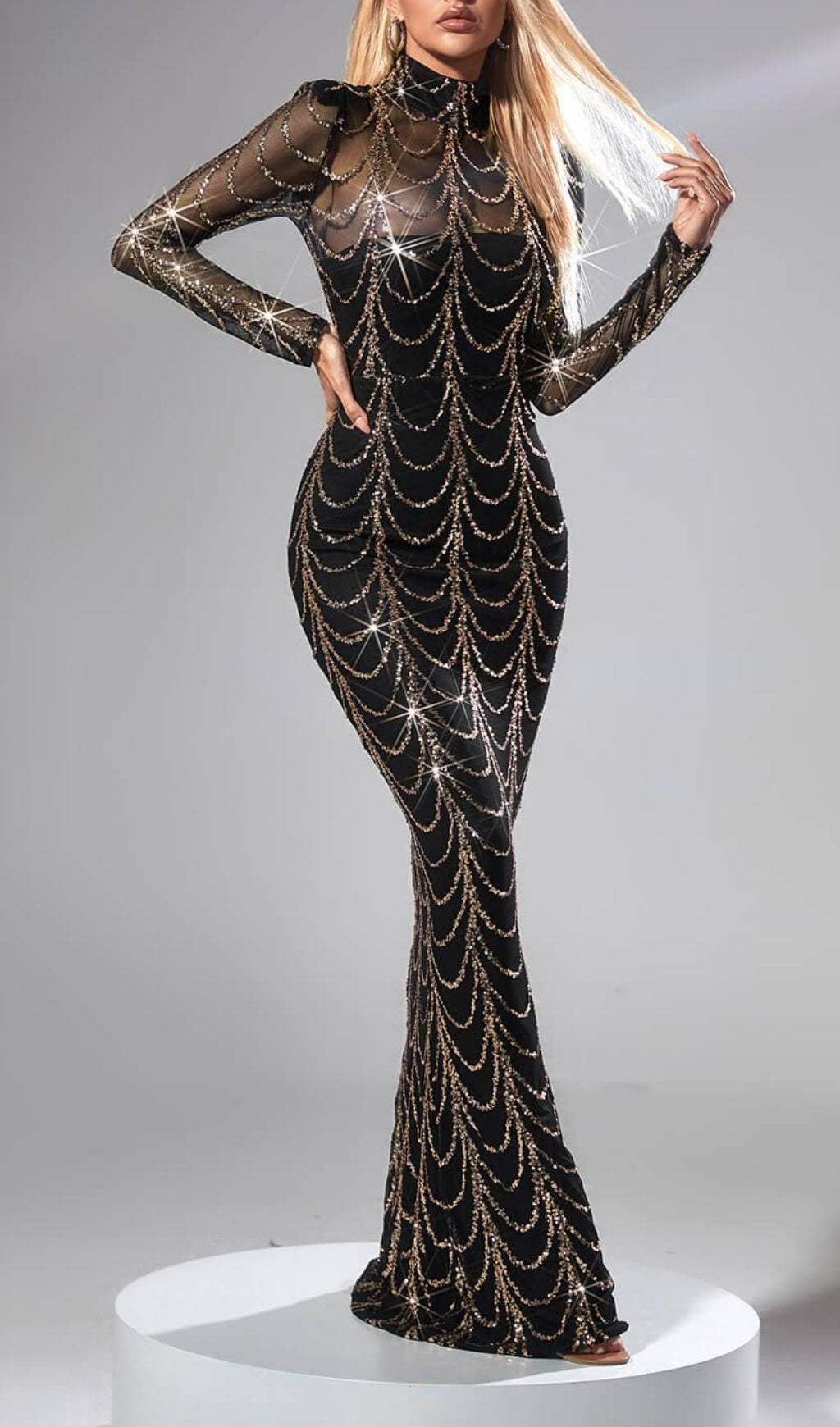 Long Sleeve Sequin Maxi Dress In Black