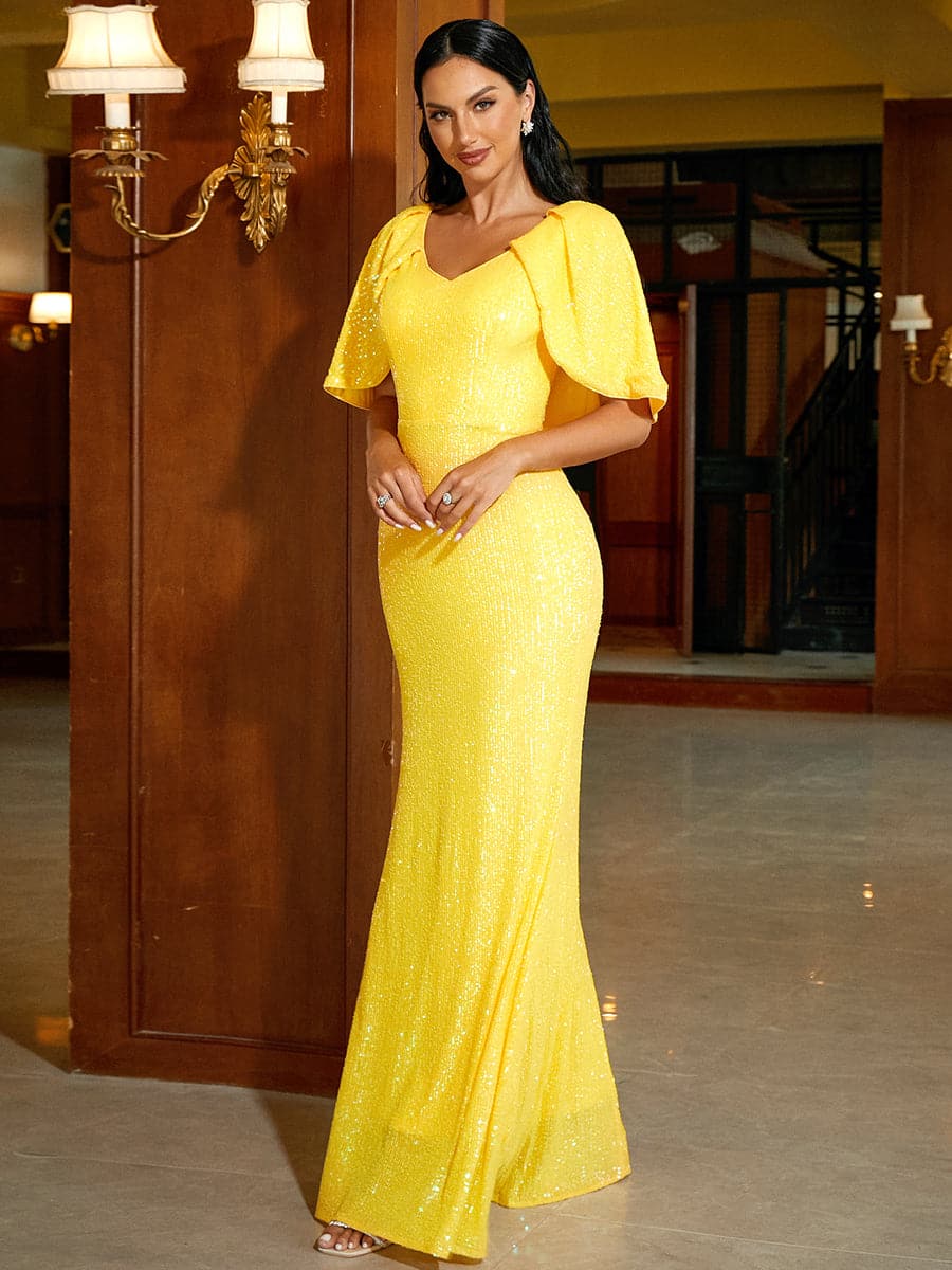 Puncho Back Puff Sleeve Sequin Evening Dress