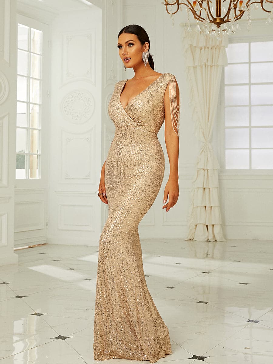 Glitter Wrap Mermaid Prom Maxi Dress