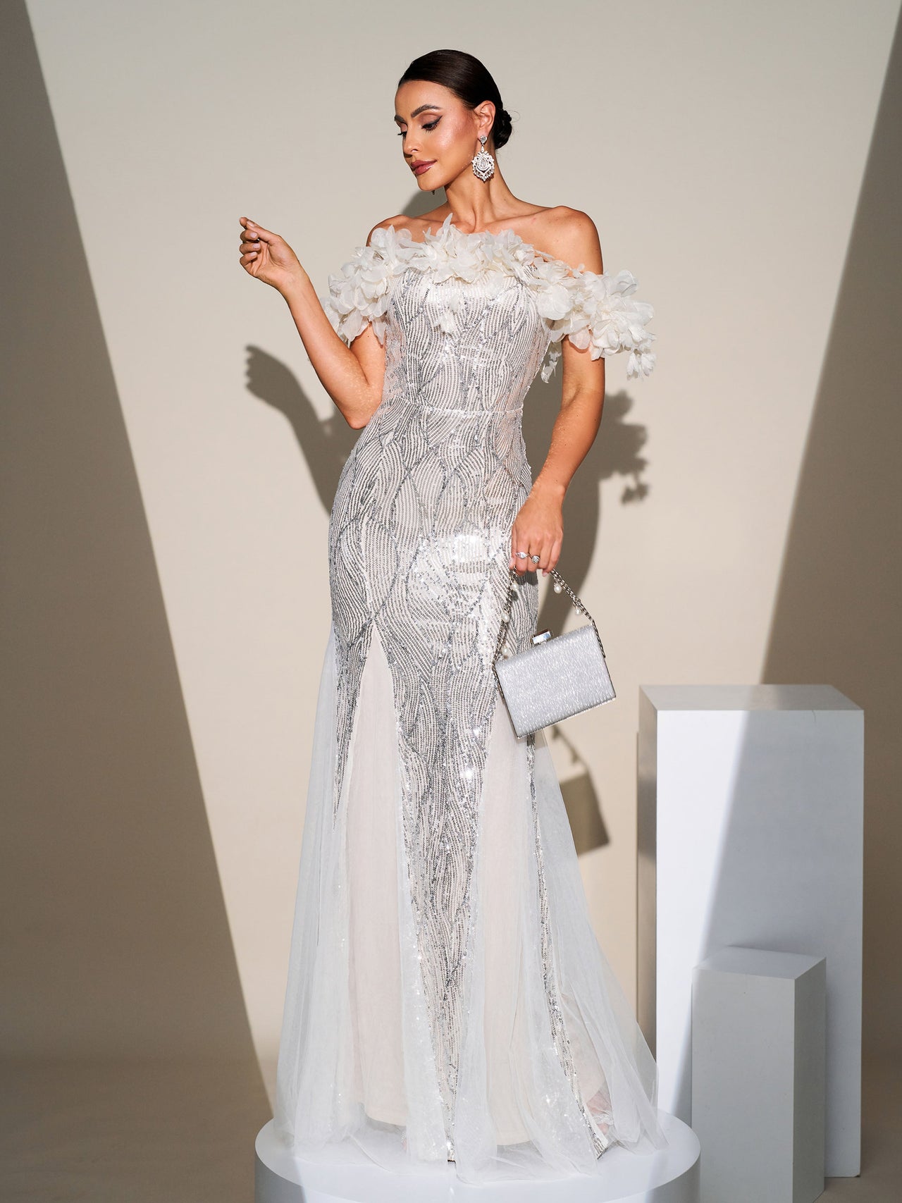 Off Shoulder Appliqued Sequin Mermaid Dress