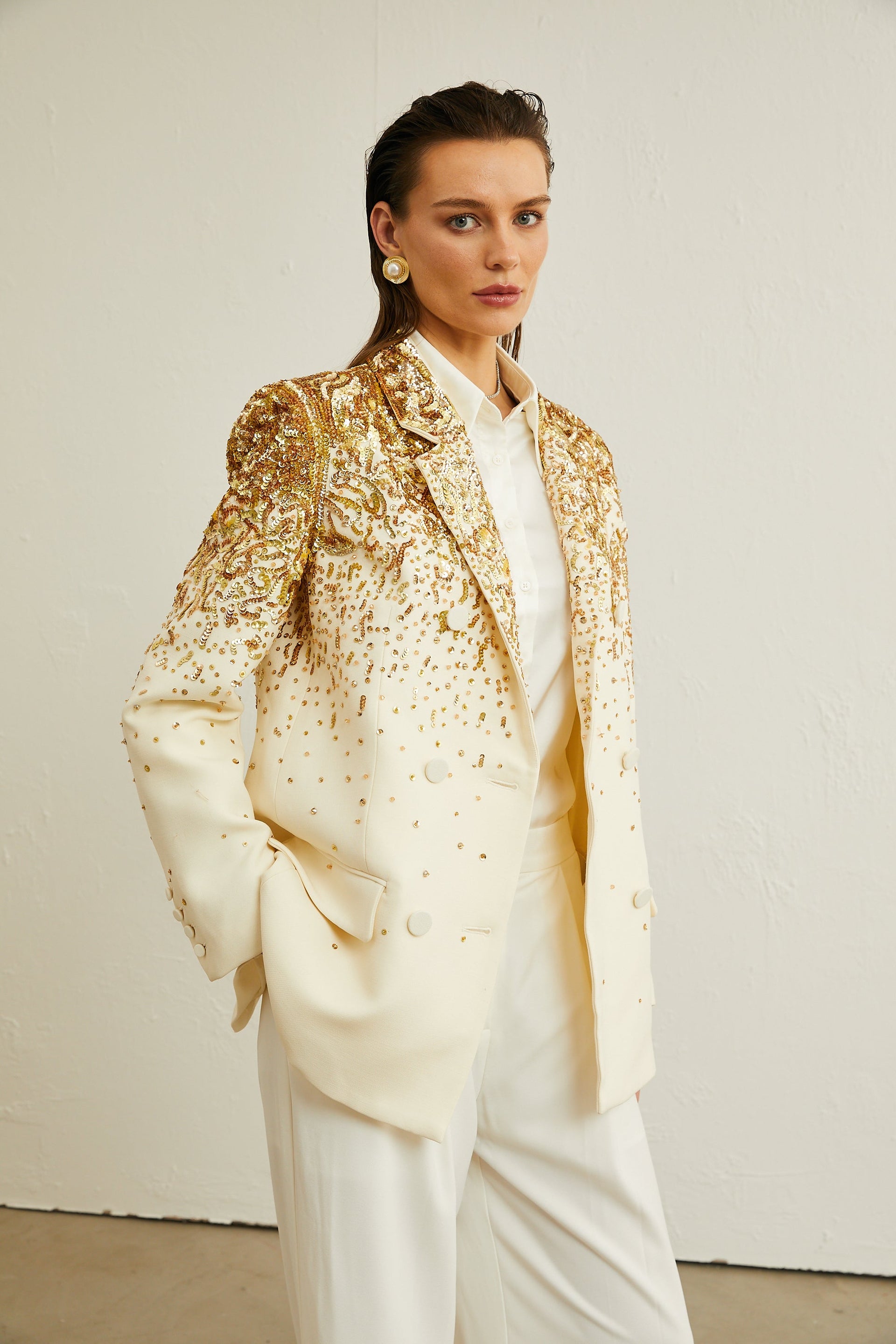 Carole stud-embellished embroidered blazer