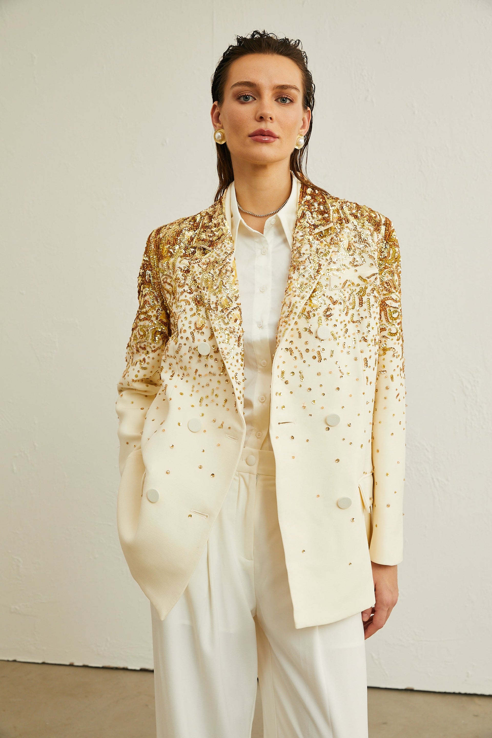 Carole stud-embellished embroidered blazer