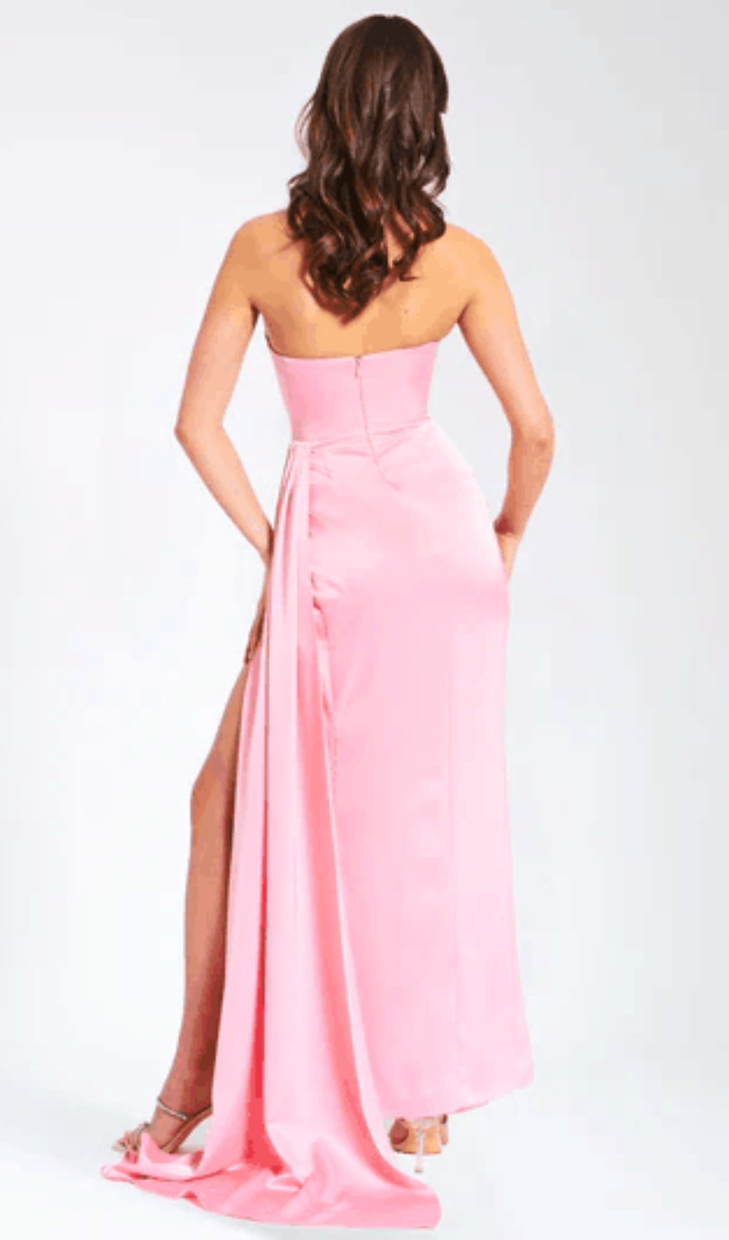 Satin embellished split maxi dress in pink