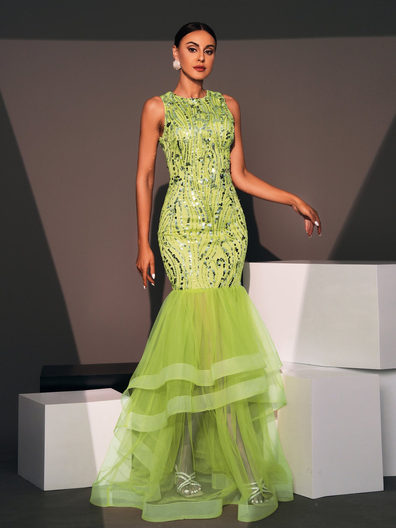 Sequin Panel Bodycon Gown Dress