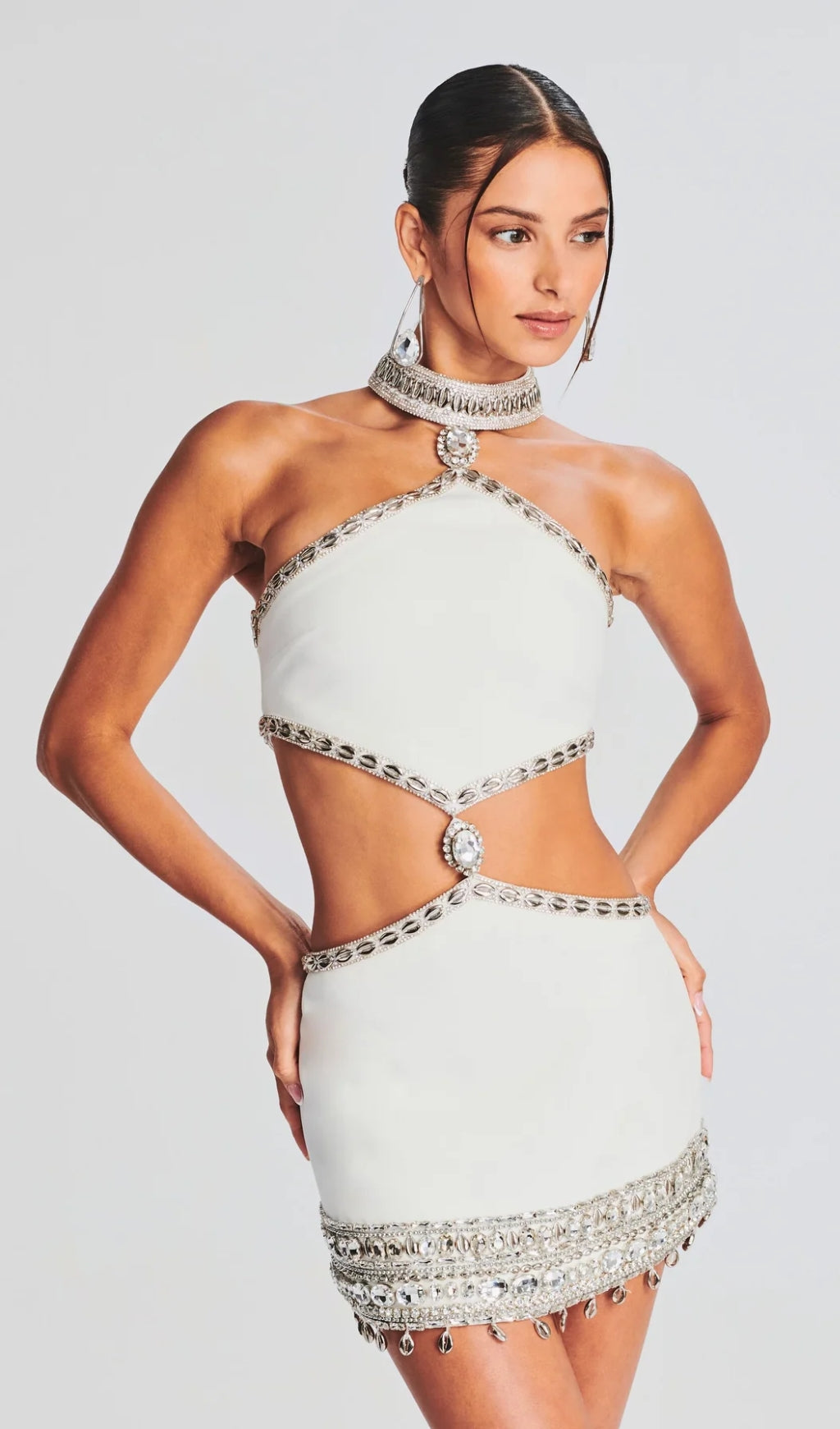 Crystal embellished halter mini dress in white