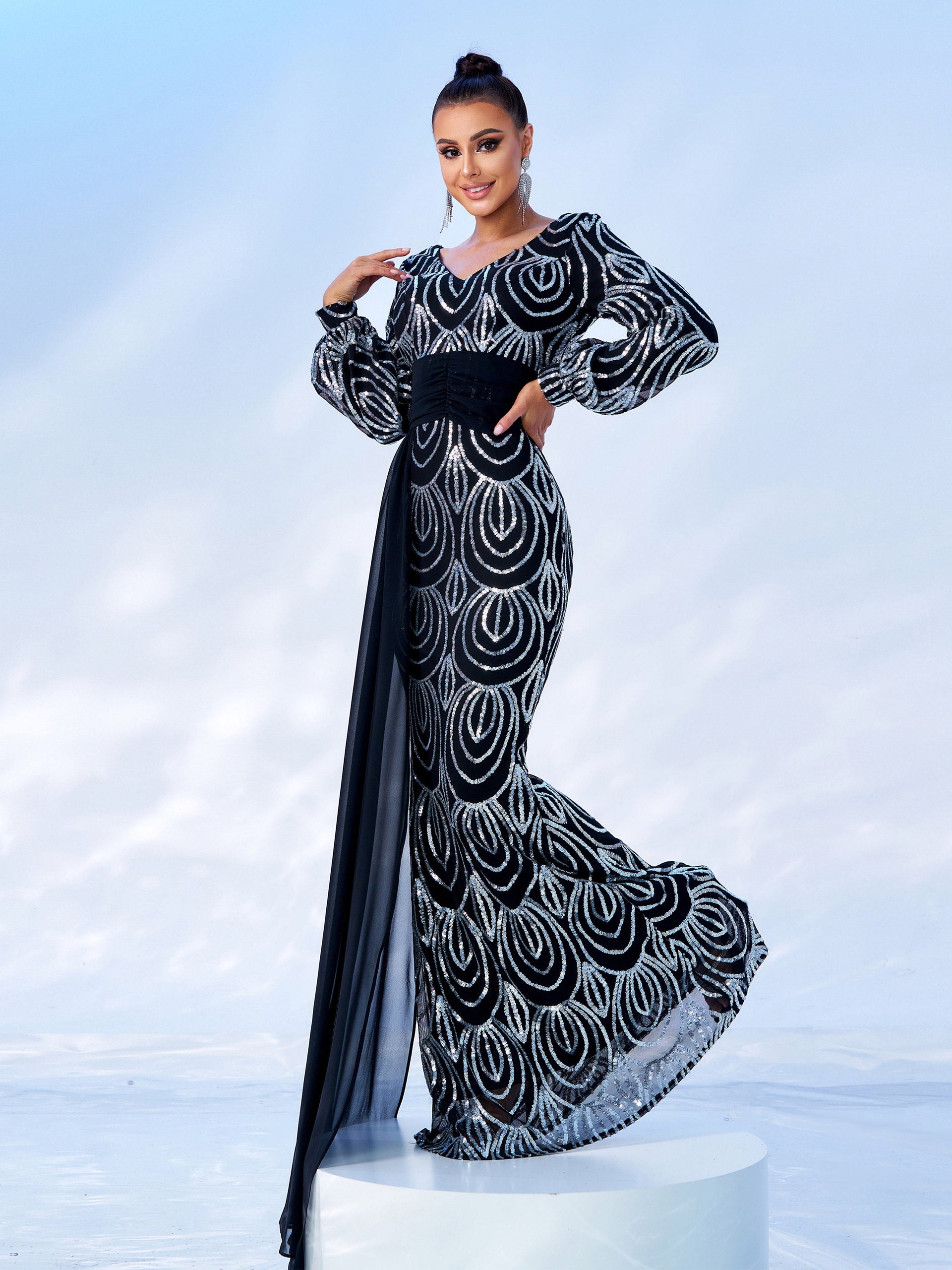 Formal Draping Sequin Long Sleeve Dress