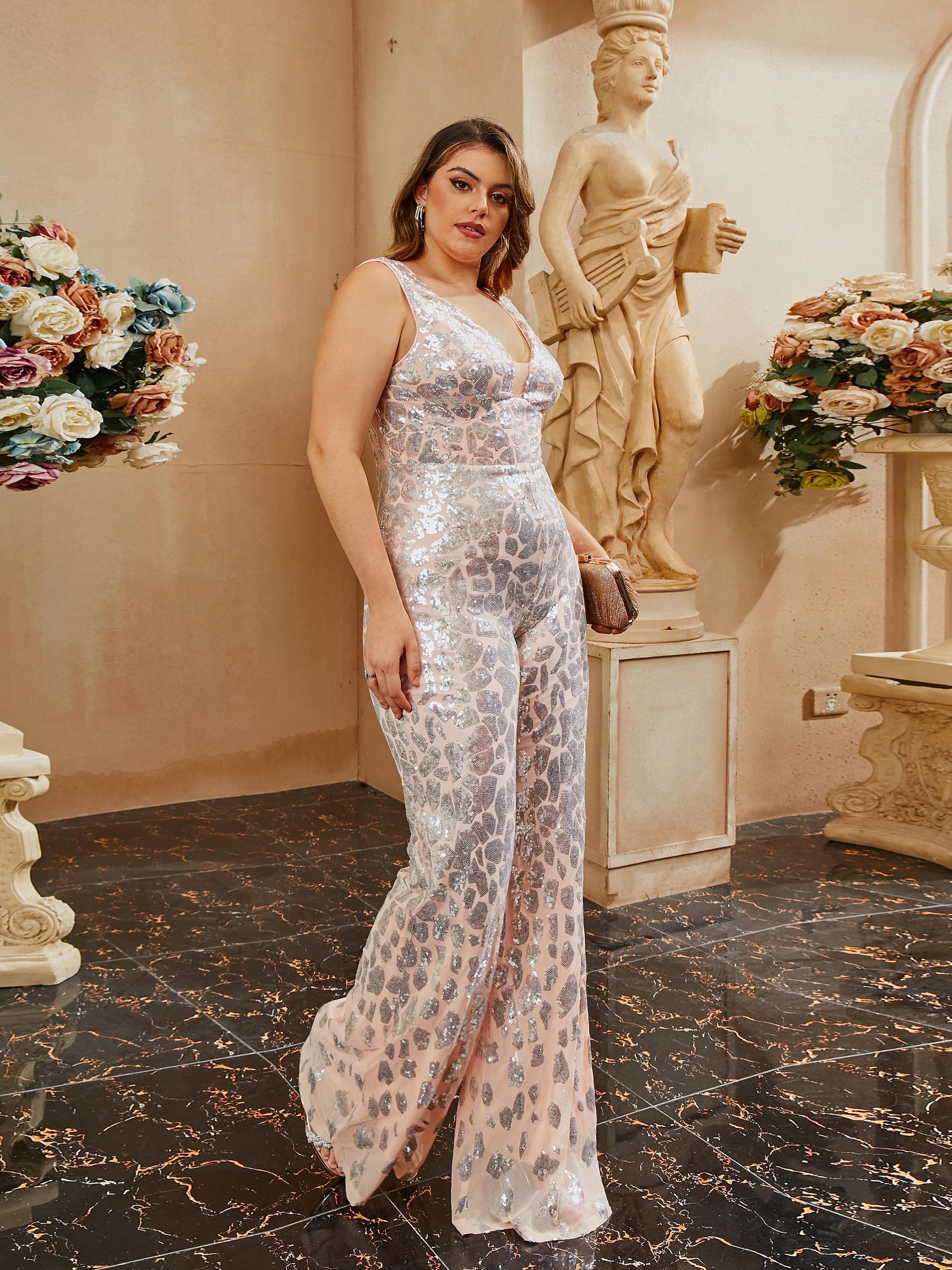 Plus Size V-Neck Backless Sleeveless Sequin Jumpsuits