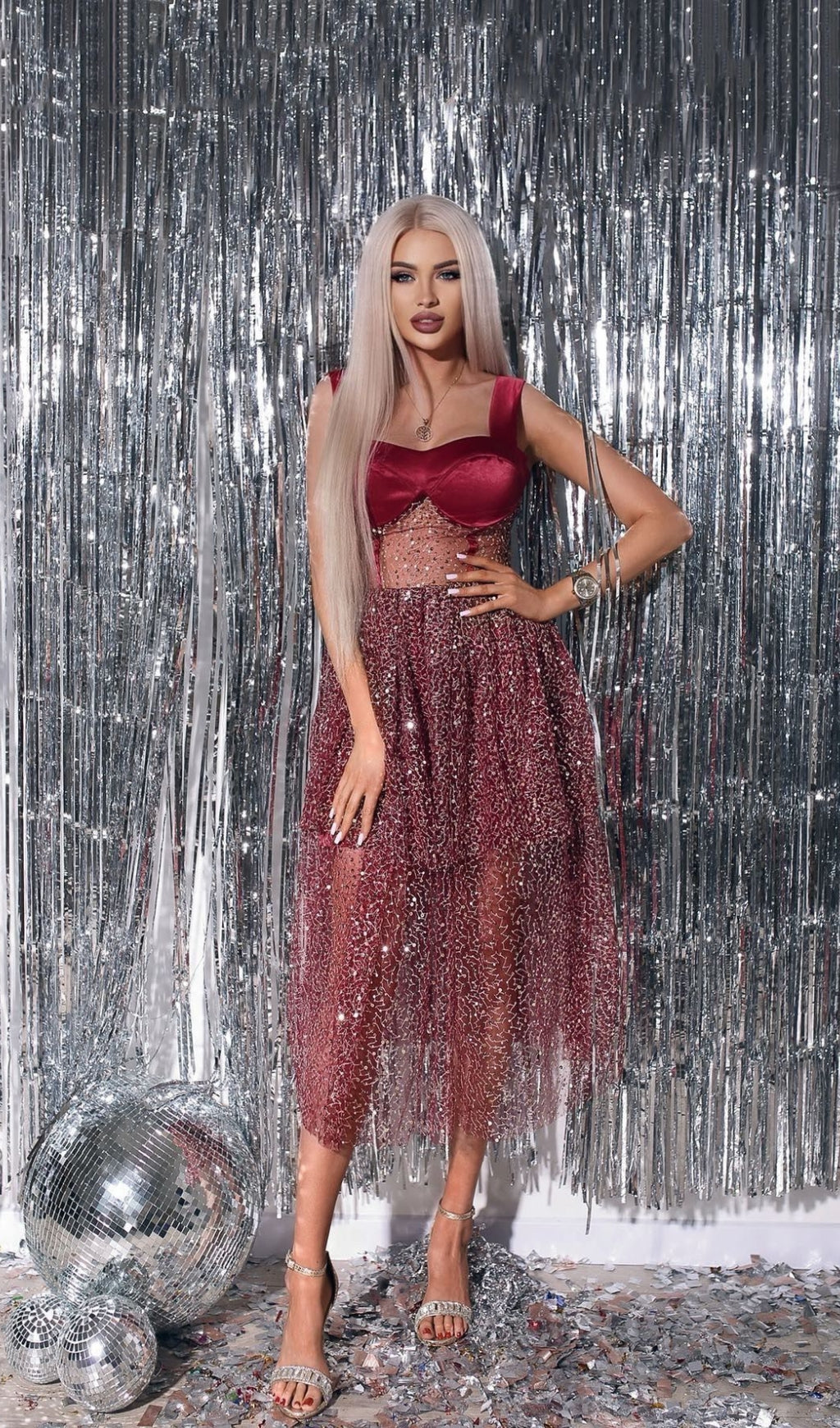 Mesh Midi Dress - Red