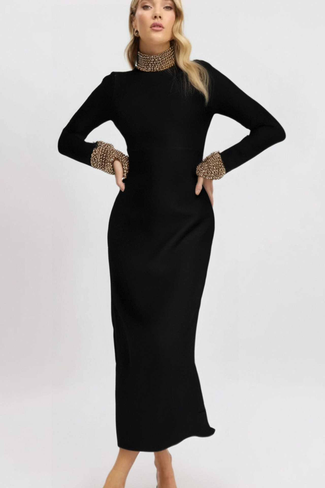 YVONNE LONG SLEEVE GOLD BEAD BANDAGE MIDI DRESS IN BLACK