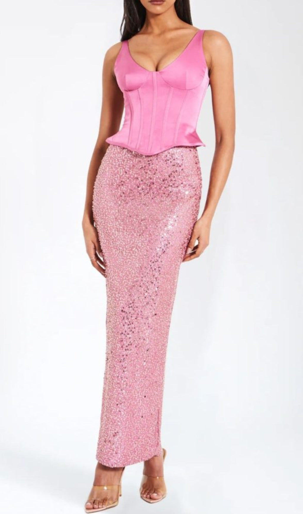 PINK SATIN CORSET SEQUIN MAXI DRESS