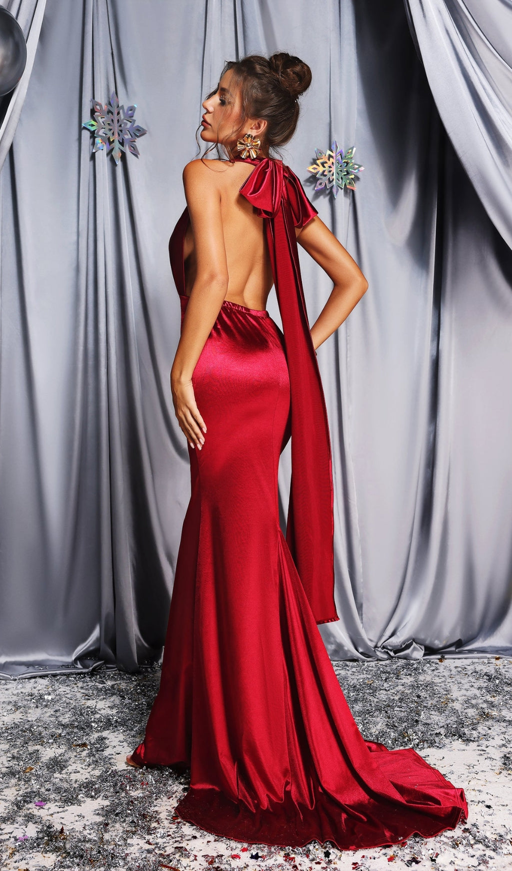 Halter Satin Maxi Dress In Red