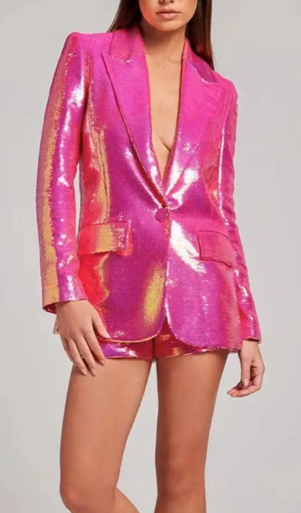 Sequin Blazer Shorts Set In Hot Pink