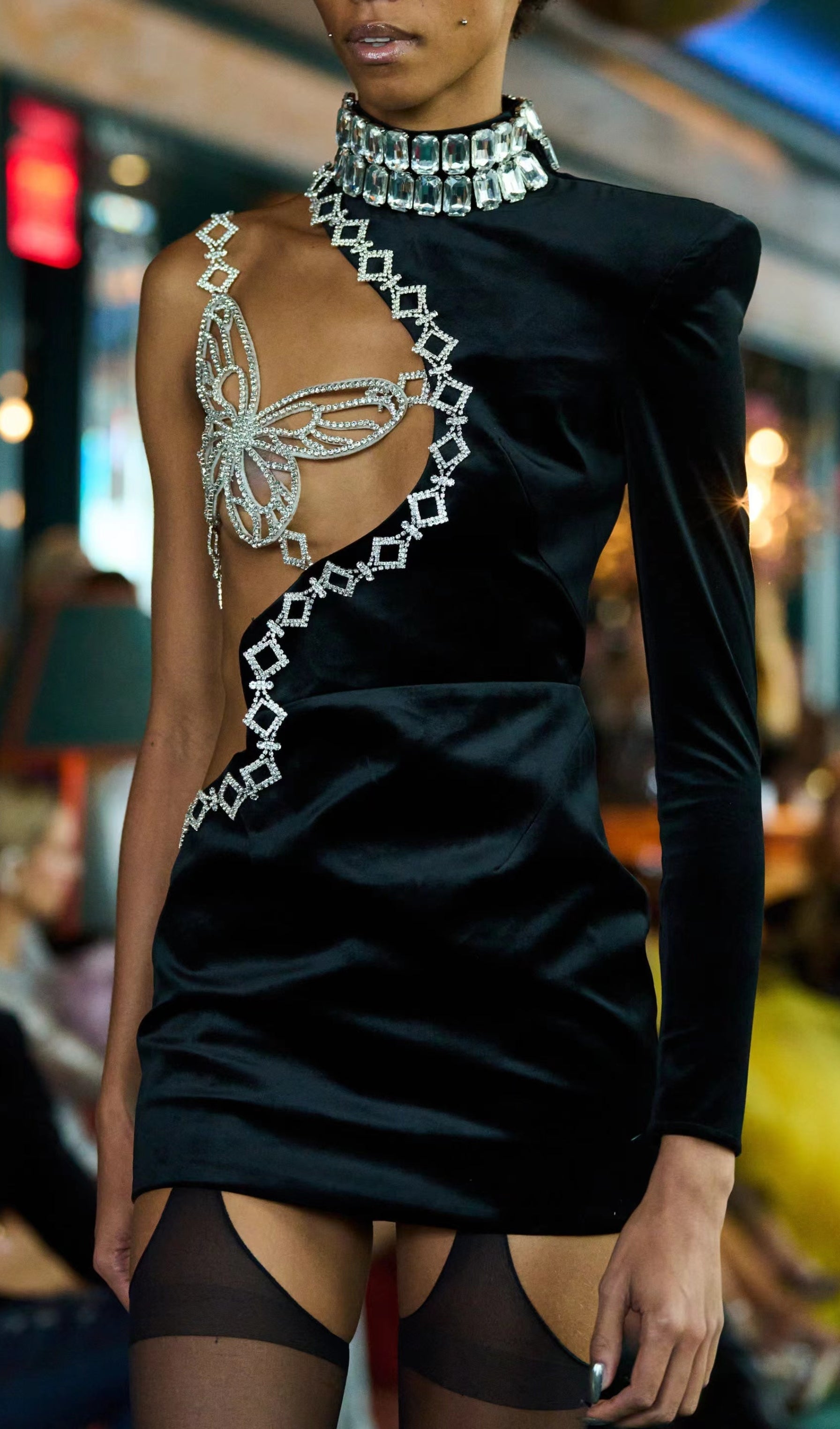 ONE SHOULDER BUTTERFLY CRYSTAL VELVET DRESS