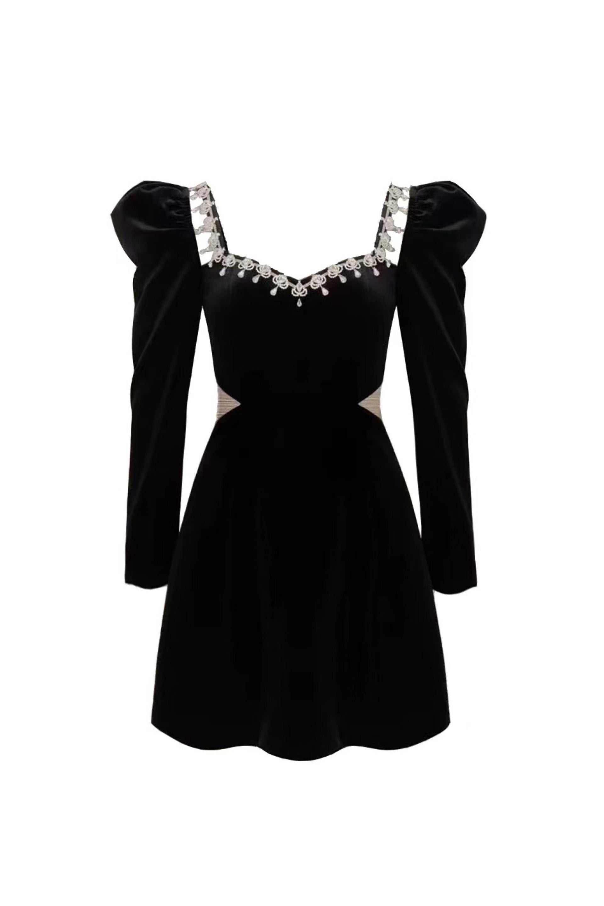 SQUARE NECK LONG SLEEVE VELVET MINI DRESS IN BLACK