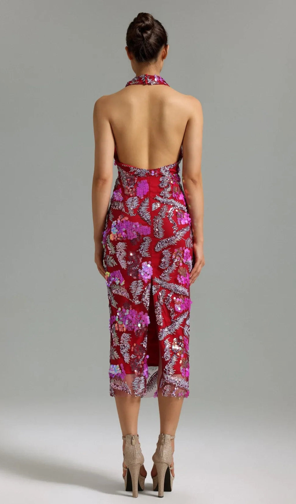 Embellished halter backless midi dress