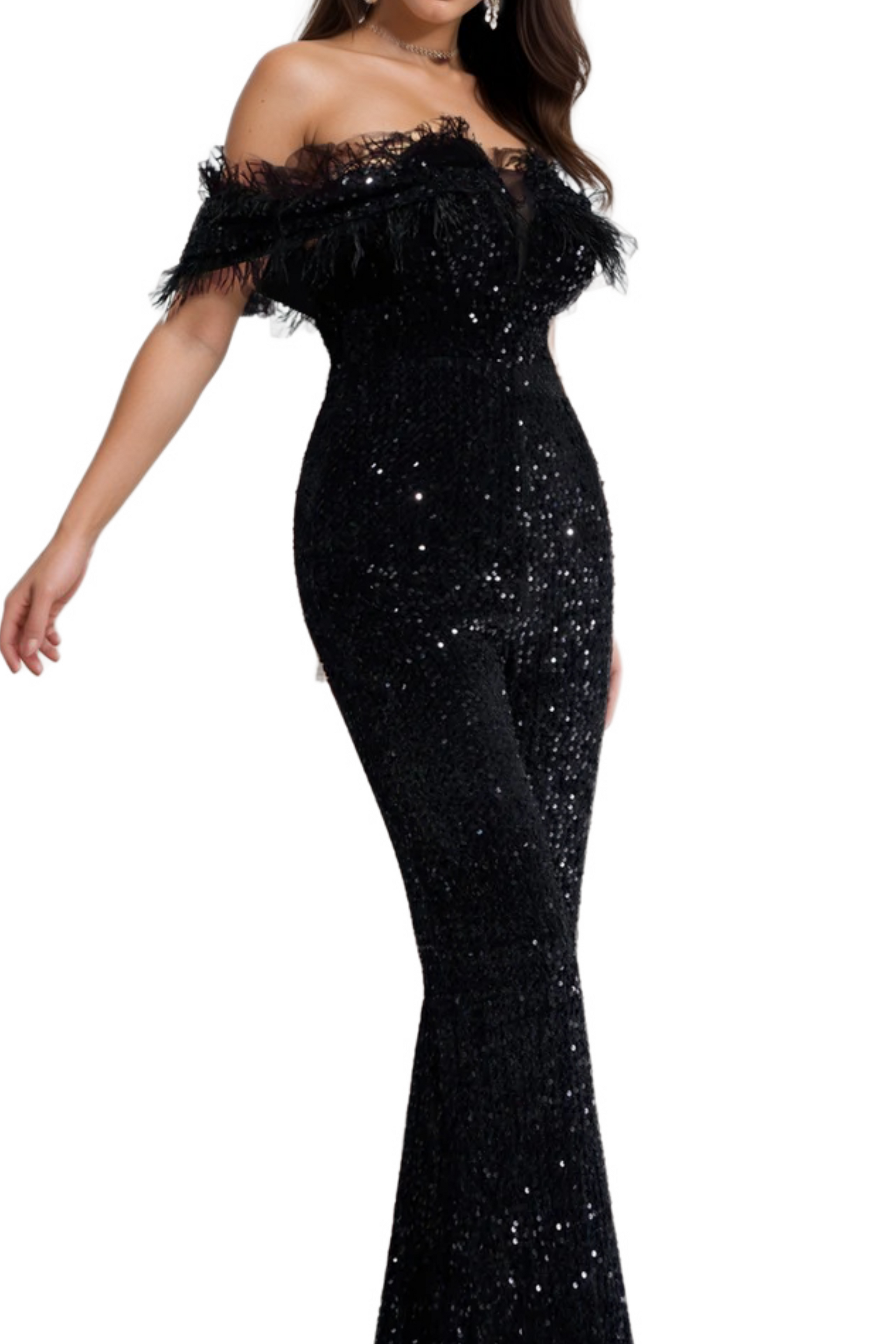 off-shoulder sequin jumpsuit in black