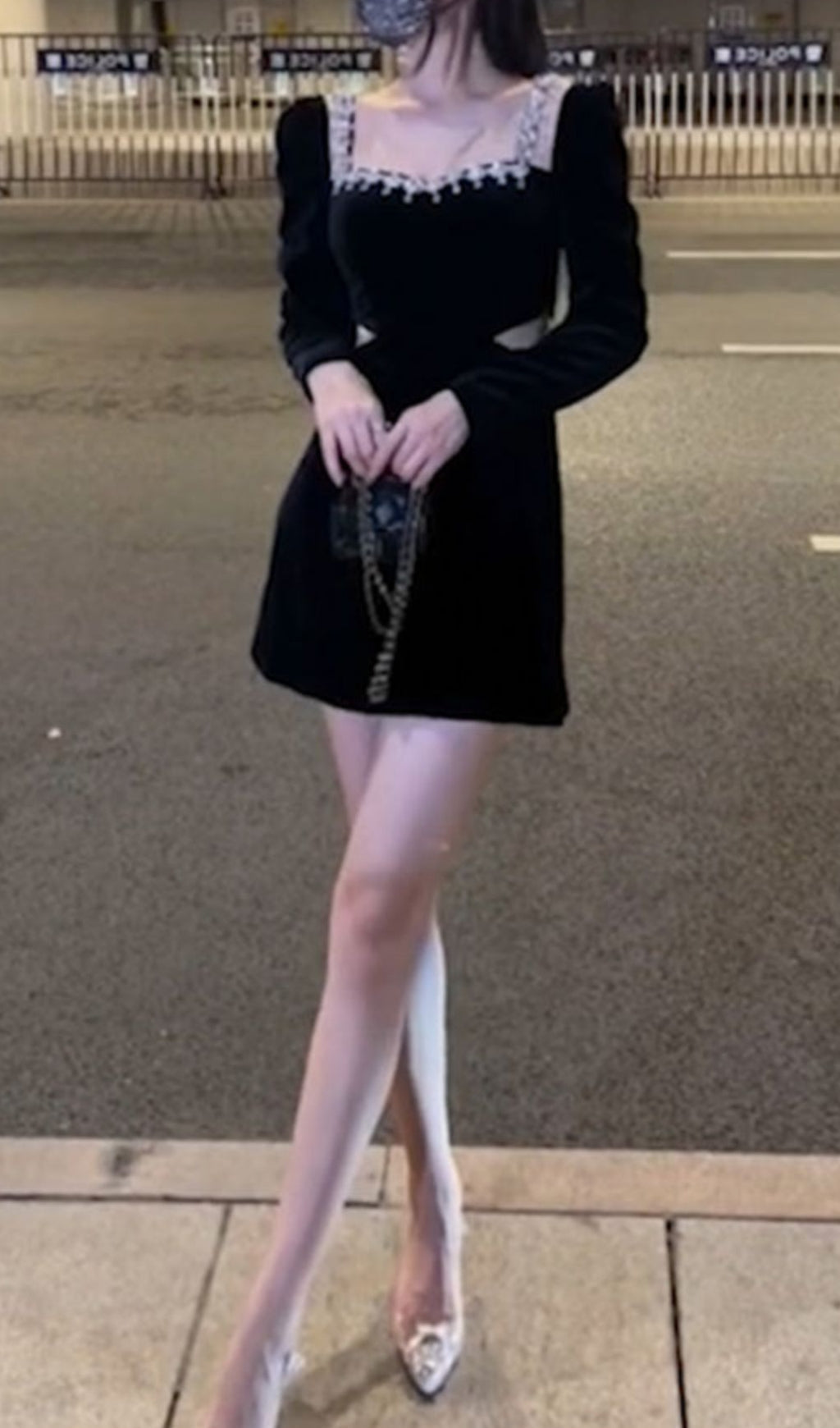 SQUARE NECK LONG SLEEVE VELVET MINI DRESS IN BLACK