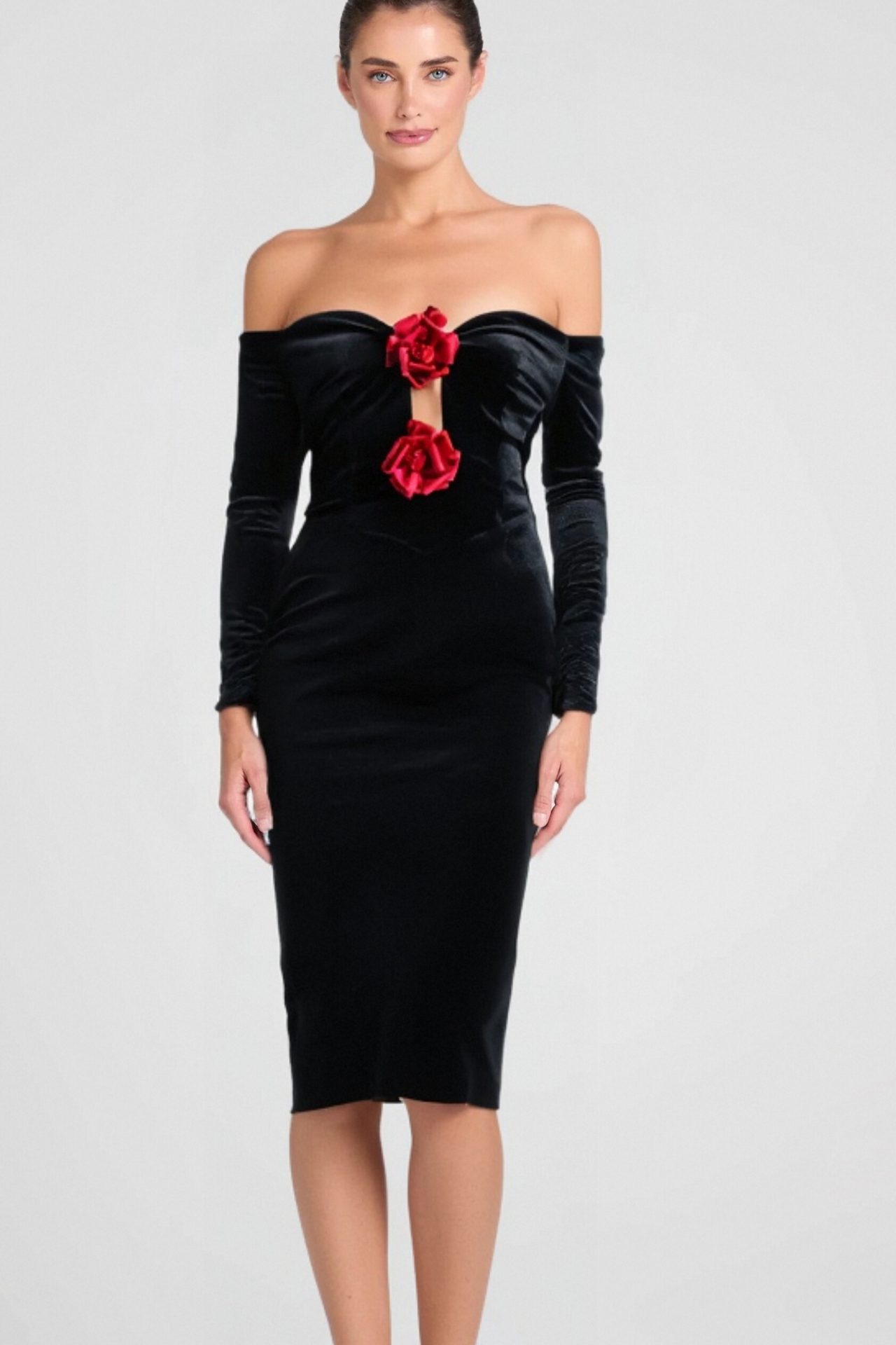 ZANNA OFF SHOULDERS FLOWERS VELVET MAXI DRESS IN BLACK