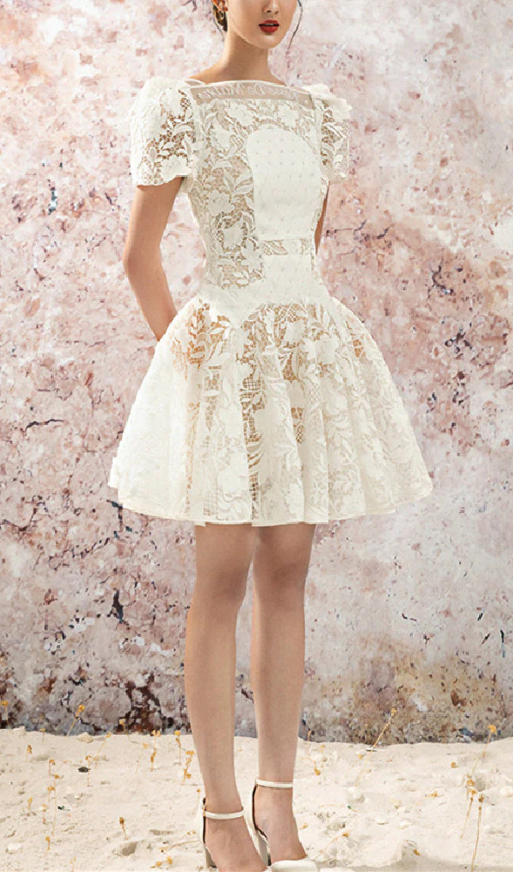 rose sleeve lace hollow mini dress in white