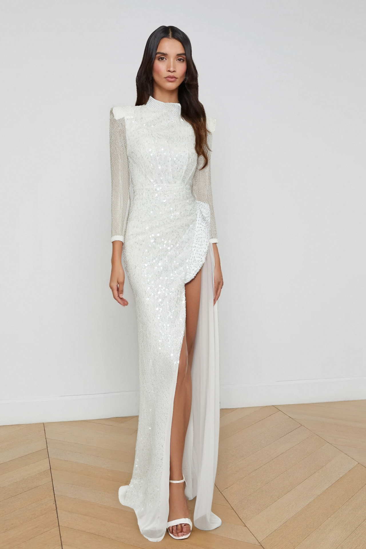 YVETTE PEARL EMBELLISHED SEQUIN MAXI DRESS IN WHITE