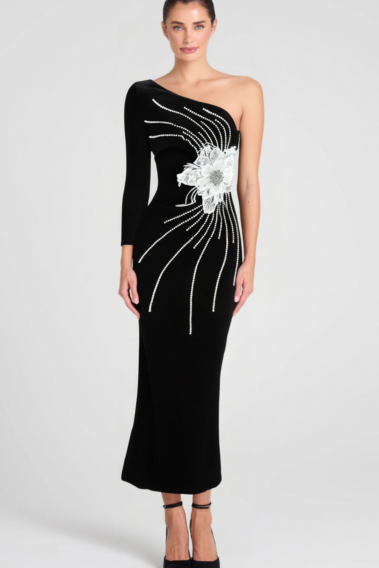 Calista Olive Black One Shoulder Velvet Maxi Dress
