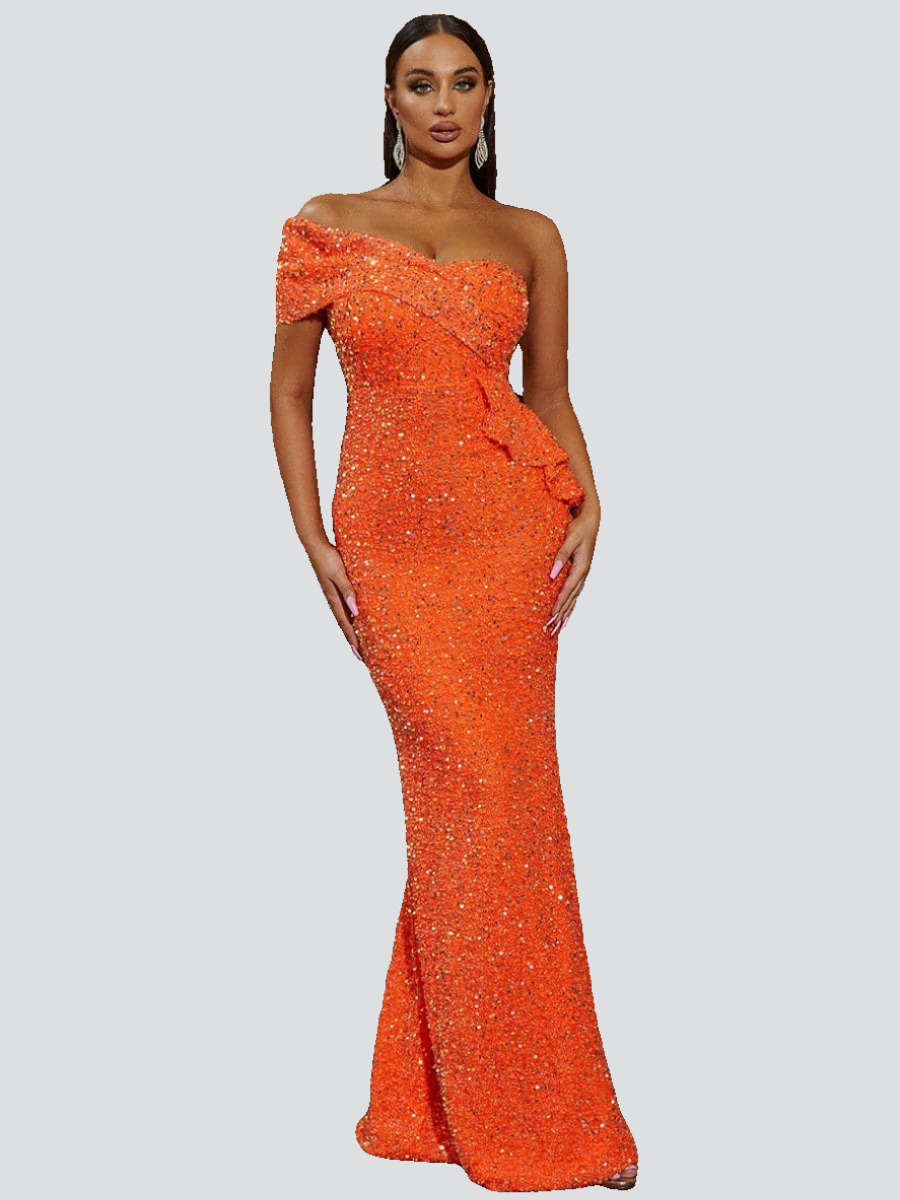 Ruffled Sequin One Shoulder Mermaid Dress