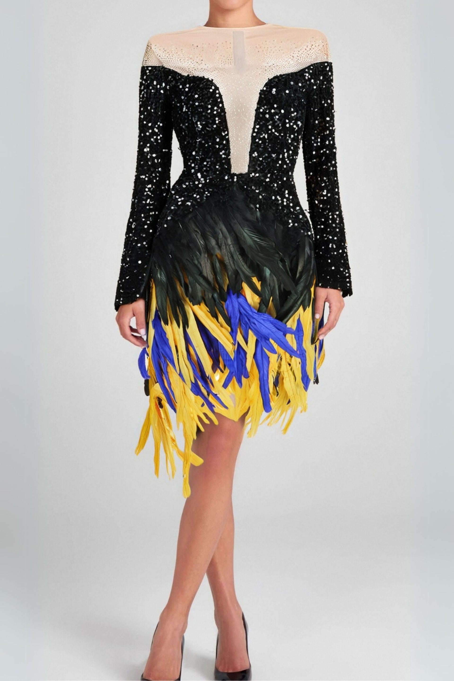 feather embellished sequin mini dress in black