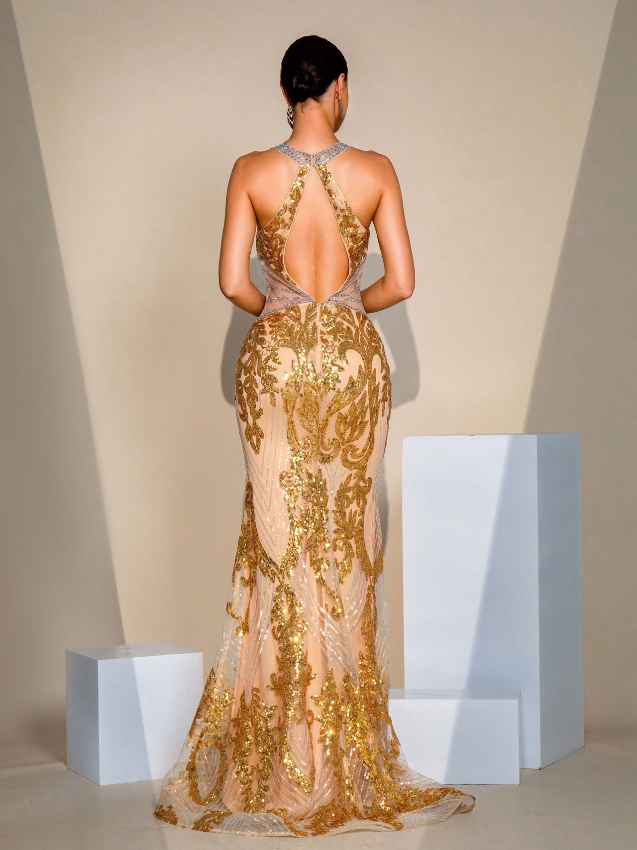 Halter Backless Gold Sequin Mermaid Dress