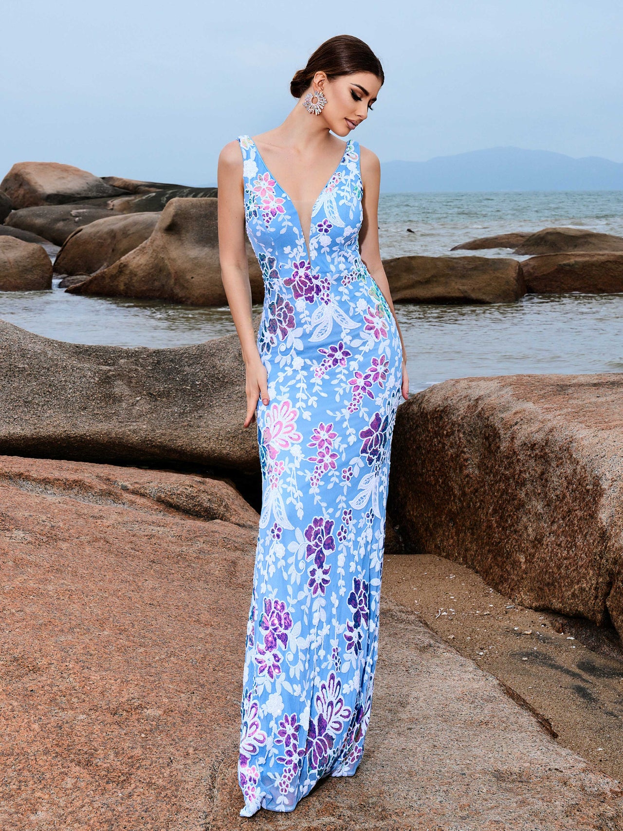V-neck Blue Floral Sequin Maxi Dress